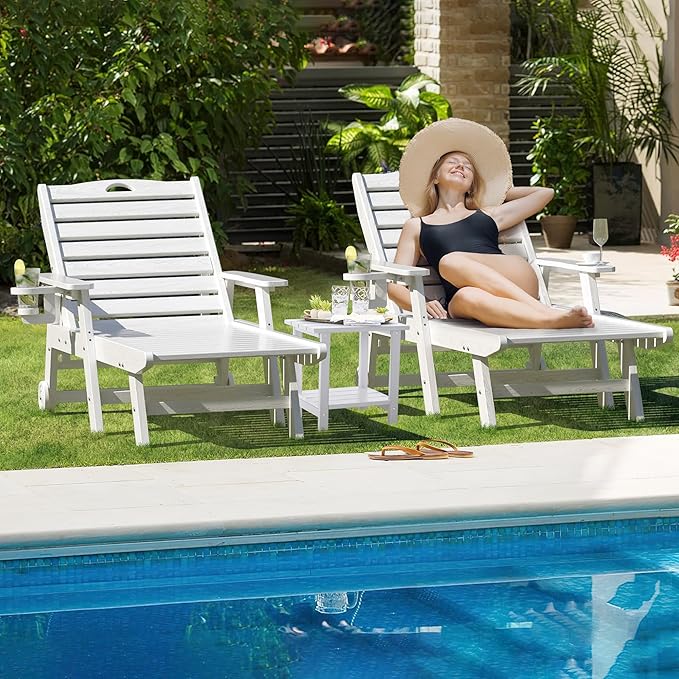 nalone HDPE Chaise Lounge Chair Outdoor with Wheels & Cup Holder, Pool Lounge Chairs with 5-Position Adjustable Backrest, Supports Up to 400 LBS for Patio Poolside Deck Beach Backyard (White)