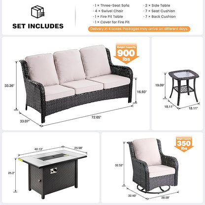 ovios 8 Pieces Patio Furniture Set, Outdoor Wicker Sofa Couch with Swivel Chairs 42" Fire Pit Table, High Back All Weather Modern Conversation Sets, Brown Rattan, Beige