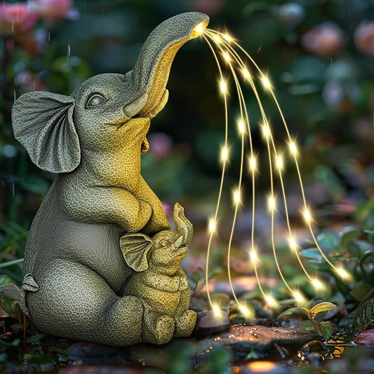 Solar Garden Outdoor Statue with 30 LED Lights - Lawn Decor Elephant Figurine for Patio, Balcony, Yard Ornament - Unique Housewarming Lucky Elephant Mother Gift