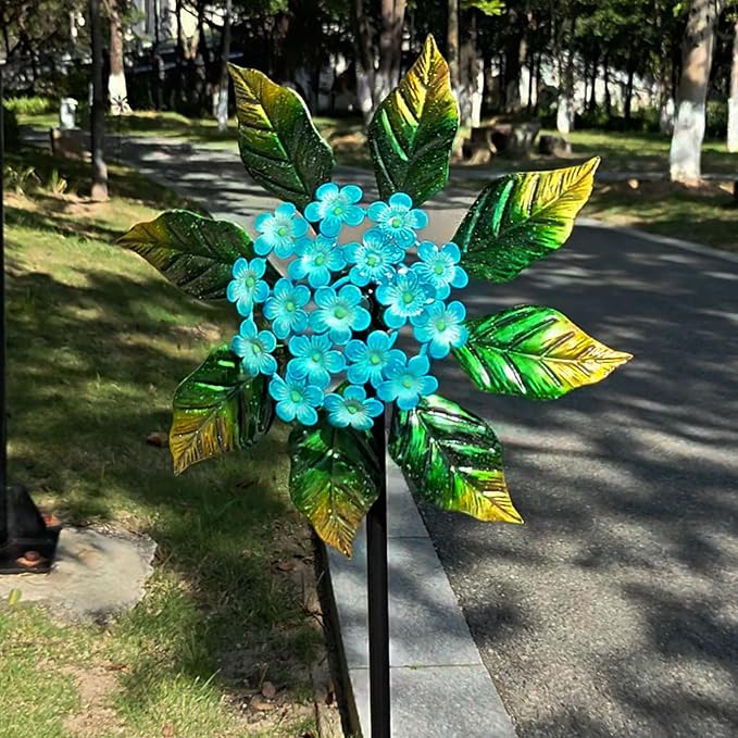 Solar Glow Garden Wind Spinner Outdoor, 13" W Flower Metal Wind Spinner & Sculptures with Fluorescent Coating, Kinetic Windmill for Yard Lawn Patio Decor, Blue