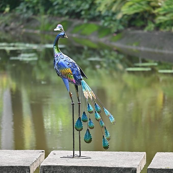 TERESA'S COLLECTIONS Outdoor Decor Peacock Yard Art Garden Sculptures & Statues for Porch Decor,35'' Blue Large Metal Bird Garden Decor for Outside, Yard Decorations Outdoor for Patio,Gifts for Mom