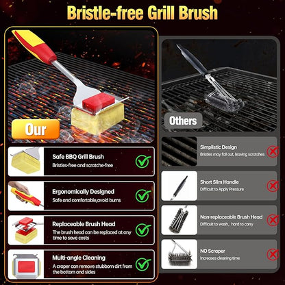 Grill Cleaning Brush Bristle Free Outdoor 19inch Extended Handle Grill Cleaner Brush for Cast Iron Stainless-Steel Grates, Replaceable BBQ Cleaning Brush Head, Steam Safe Grill Brush with Scraper, Red