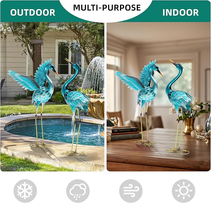 36.75" Metal Crane Garden Statue, Handcrafted Oversized Blue Heron Decor Sculptures with Stable U-Ground Stakes, Backyard Decoration, Metal Garden Bird Animal Yard Art, Lawn Ornament Decor