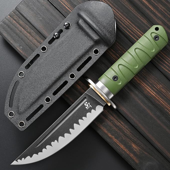 Sitivien ST29 Fixed Blade Knife, AUS-10 Steel Blade G10 Handle Full Tang Bowie Knife for Outdoor Camping Hunting Fishing Working(Green)