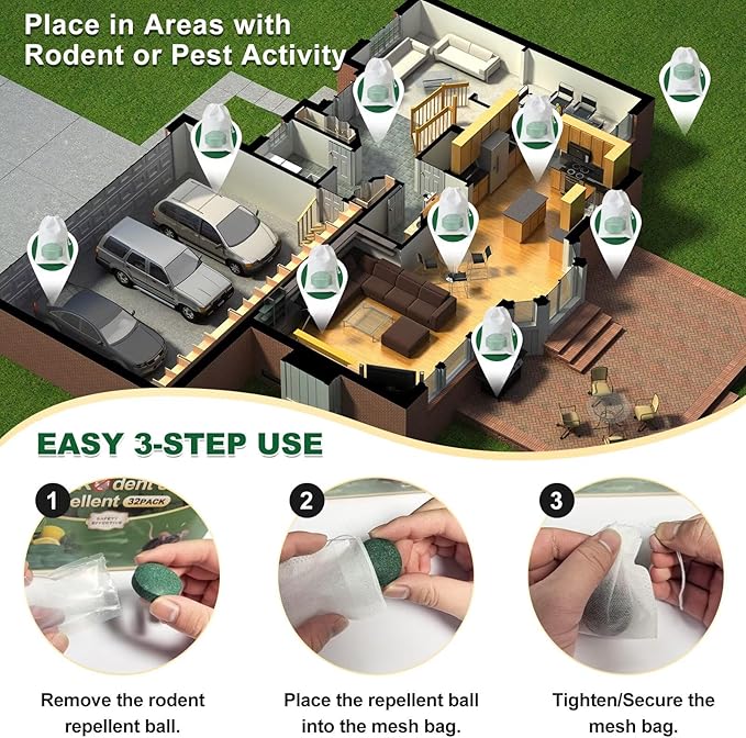 32PCS Mouse Rodent Repellent, Natural Mouse Repellent Peppermint Oil for Mice, Rats, Squirrels, Spiders and Pests, Keeps Pests Away Effectively from Garden & Home, Indoor & Outdoor Use (Peppermint)