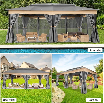 COBIZI Gazebo 12x20 Heavy Duty Gazebos with Curtain and Netting Outdoor Gazebo Canopy Double Roof Patio Gazebos with Metal Steel Frame for Patio, Garden, Backyard (Gray)