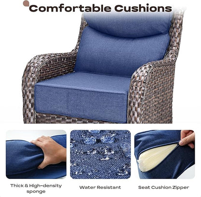 Rilyson 6 Piece Outdoor Patio Swivel Rocker Chairs, Waterproof Wicker, High Back, Deep Seating, Wide Armrest, Upgraded 6 inch Thick Cushions, Side Table, Ideal for Deck Porch Yard, Brown/Blue