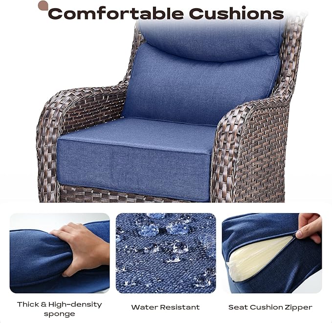 Rilyson Outdoor Patio Swivel Rocker Chairs Set of 2, Waterproof Wicker, High Back, Deep Seating, Wide Armrest, Upgraded 6 inch Thick Cushions, Side Table, Ideal for Deck Porch Yard, Brown/Blue