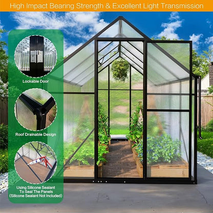 6x8 FT Greenhouse for Outdoors, Polycarbonate Green House with Adjustable Roof Vent and Rain Gutter, Aluminum Large Walk-in Greenhouse with Quick Setup Structure for Outside Garden Backyard Patio
