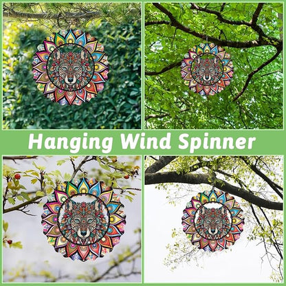 Hanging Wolf Wind Spinner for Outdoor Indoor 3D Stainless Steel Wind Sculptures 10 Inch Cool Animal Metal Wind Spinner for Yard Garden Living Room Zoo Great Gift for Women Friend