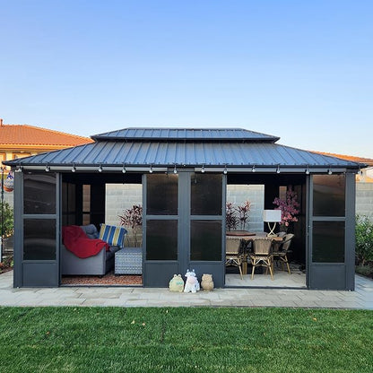 PURPLE LEAF 12' X 20' Sunroom with Light Permanent Hardtop Gazebo Solarium Galvanized Steel Double Roof Aluminum Outdoor Screen House for Patio Deck Backyard Grey