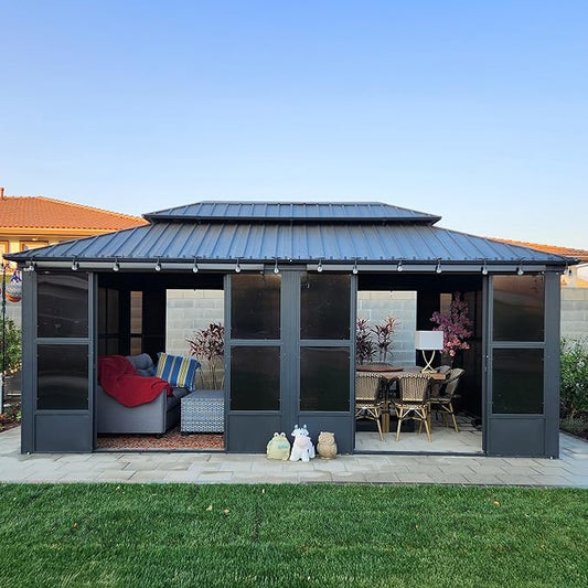 PURPLE LEAF 12' X 20' Sunroom with Light Permanent Hardtop Gazebo Solarium Galvanized Steel Double Roof Aluminum Outdoor Screen House for Patio Deck Backyard Grey
