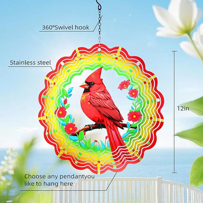 Metal Wind Spinners Outdoor,Cardinal Hanging Wind Spinner Gifts for Women Men,12 inch 3D Stainless Steel Wind Catchers Kinetic Sculpture for Garden Decor,Outside,Yard,Patio,Backyard,Porch Decoration