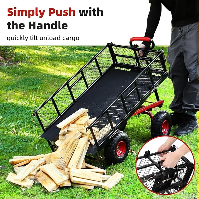 880 Lb 10 Inch Tire Steel Garden Cart with 4-Side Removable Mesh and 180° Swivel Handle, Garden Wagon Cart Heavy Duty, Heavy-Duty Patio Dump Cart Utility Wagon, for Lawn, Patio