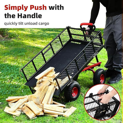 880 Lb 10 Inch Tire Steel Garden Cart with 4-Side Removable Mesh and 180° Swivel Handle, Garden Wagon Cart Heavy Duty, Heavy-Duty Patio Dump Cart Utility Wagon, for Lawn, Patio