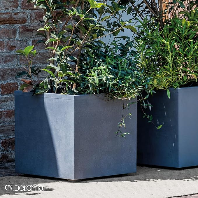 Deroma Millennium 19” Cube Planter | Lightweight & Durable Plastic | Indoor or Outdoor Pots for Plants | Includes Water Reserve & Drainage Plug | Trendy Planter for Plants, Flowers, Garden | Ash Grey