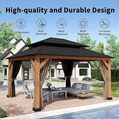 13' x 15' Double Hardtop Gazebo - Outdoor Thermal Transfer Wood-Looking Aluminum Gazebo with Double Hardtop, Privacy Curtains and Mosquito Nettings Included, for Patio, Garden, Backyard