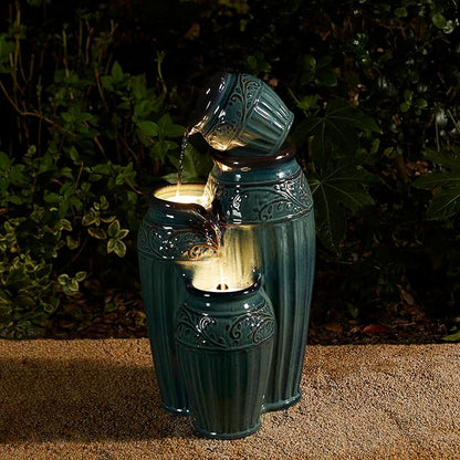Glitzhome 27.25" H Outdoor Garden Water Fountain with LED Lights and Pump, 4 Tier Turquoise Embossed Pattern Ceramic Pots Cascading Floor Standing Fountain for Porch Deck Patio Backyard Decoration
