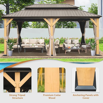 Domi Hardtop Gazebo 12’x20’ Cedar Frame Wood Gazebo with Galvanized Steel Double Roof, Outdoor Permanent Metal Gazebos with Curtains and Netting for Patio,Deck,Backyard