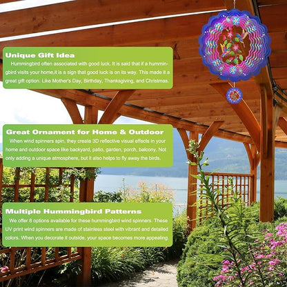 Wind Spinners - 12 Inches Large Hummingbird Wind Sculptures, 3D Reflective Metal Wind Spinner for Yard and Garden, Hummingbird Gifts for Daughter, Mom, Grandma's Birthday, Purple
