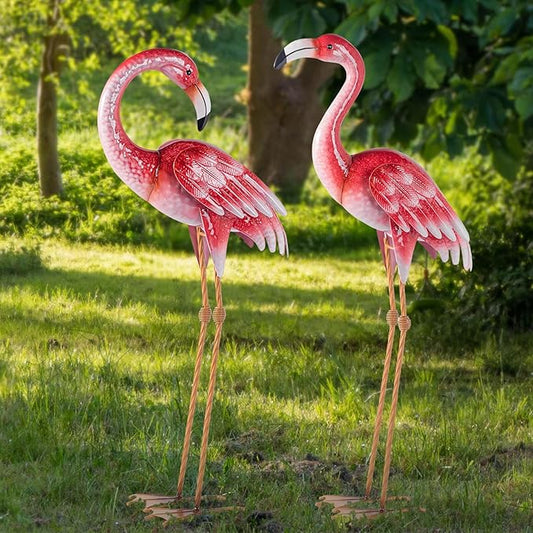 Natelf Pink Flamingo Yard Decorations, Metal Garden Statues and Sculptures, Standing Bird Lawn Ornaments for Patio Backyard Pond Decorations Set of 2