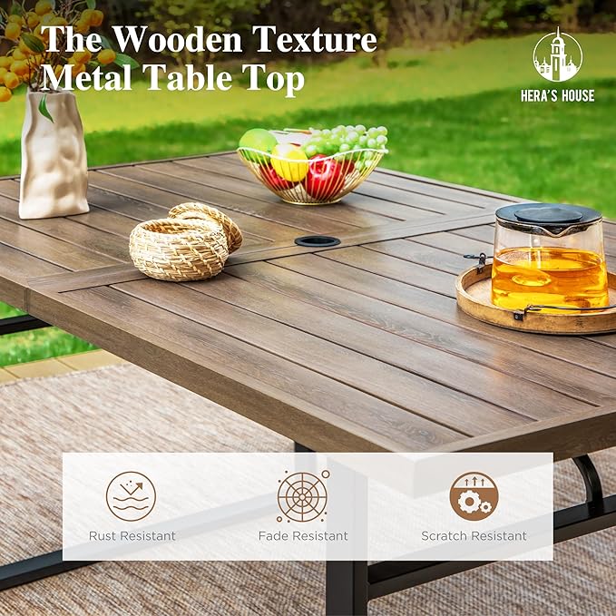 HERA'S HOUSE Metal Patio Table and Chairs Set, 7 Piece Outdoor Dining Set, 6 x Cushioned Chairs with 64" Rectangular Wood-Like Table for Backyard Garden Lawn Restaurant