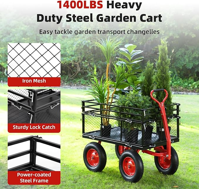 1400 Lbs Heavy Duty Utility Garden Carts and Wagons with 180° Rotating Handle and Removable Sides, Steel Yard Dump Wagon Carts with 16" All Terrain Tires