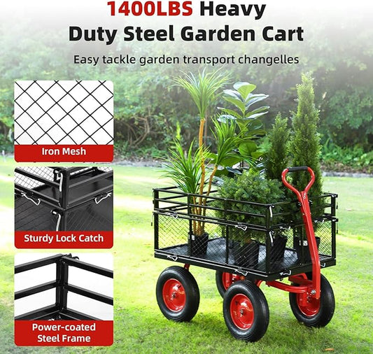 1400 Lbs Heavy Duty Utility Garden Carts and Wagons with 180° Rotating Handle and Removable Sides, Steel Yard Dump Wagon Carts with 16" All Terrain Tires