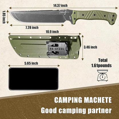 Machete w Kydex Sheath, 15'' Camping Machetes for Cutting Trees Heavy Duty,DC53 Steel Blade - 62 HRC, Full Tang Survival Machete w Firestarter, Non-Slip Handle, Ideal for Yard Work, Hunting,Outdoor
