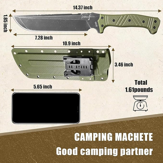 Machete w Kydex Sheath, 15'' Camping Machetes for Cutting Trees Heavy Duty,DC53 Steel Blade - 62 HRC, Full Tang Survival Machete w Firestarter, Non-Slip Handle, Ideal for Yard Work, Hunting,Outdoor