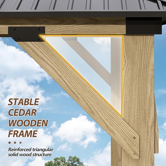 13'x15' Wood Gazebo,Outdoor Hardtop Gazebo with Galvanized Steel Doule Roof, Wooden Frame Gazebos for Patio Backyard Deck