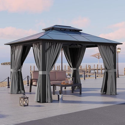 Aoxun 10'x12' Hardtop Gazebo, Aluminum Framed Outdoor Gazebo with Double Polycarbonate Roof, Durable Pavilion with Curtains & Netting for Patio, Garden, and Lawn