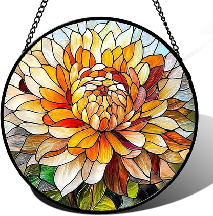 Stained Glass Window Hanging - Chrysanthemum Suncatcher for Doors Garden Patio Birth Flowers Sun Catchers Decor Christmas Mother's Day Birthday Gifts for Women Men Mom Nana Friend 11.8 in