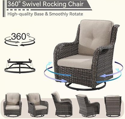 3 Pieces Outdoor Furniture Set - Patio Wicker Swivel Rocker Chair Set of 2 and 1 Side Table, Beige, Mixed Brown Rattan, Suitable for Porch, Yard
