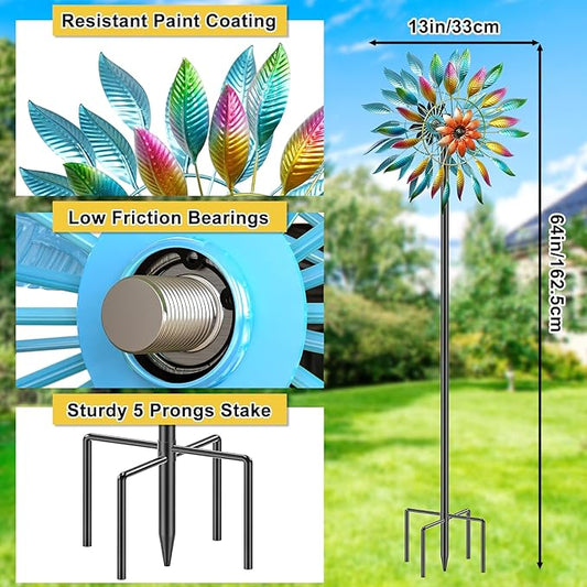64in Wind Spinners Outdoor, Garden Wind Spinner Windmill with 5 Prong Base Stand, Metal Pinwheels for Yard Lawn Yard Art Outdoor Decor(A-Colorful)