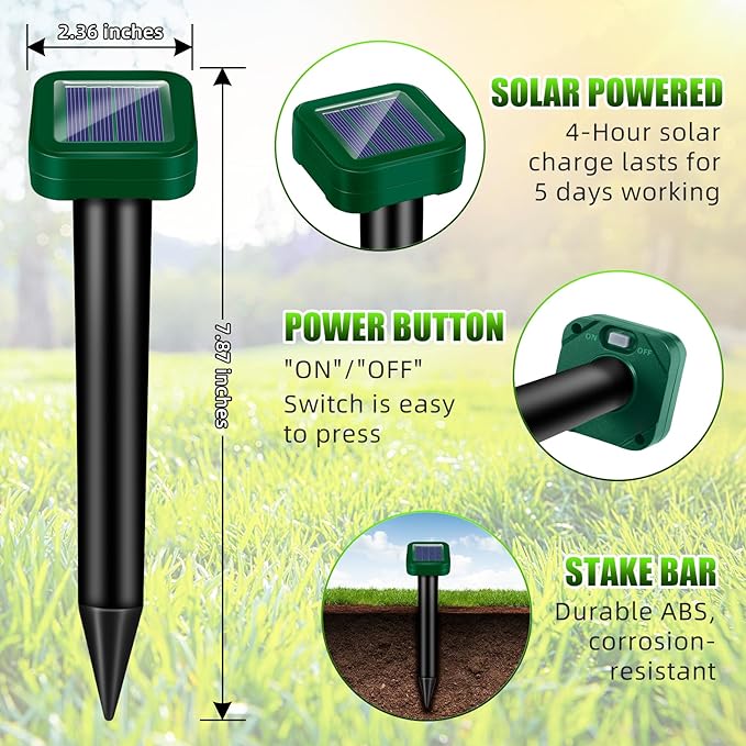 8 Pack Solar Powered Mole Repellent Ultrasonic Stakes - Outdoor Snake, Gopher, Vole, Groundhog Repeller for Yard & Lawn, Waterproof Pest Deterrent for Garden & Farm