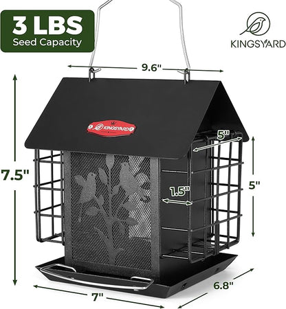 Kingsyard Metal Bird Feeder for Outdoor Hanging, Wild Bird Feeder with Double Suet Cage, Weatherproof Roof and 3 lbs Large Seed Capacity, Black