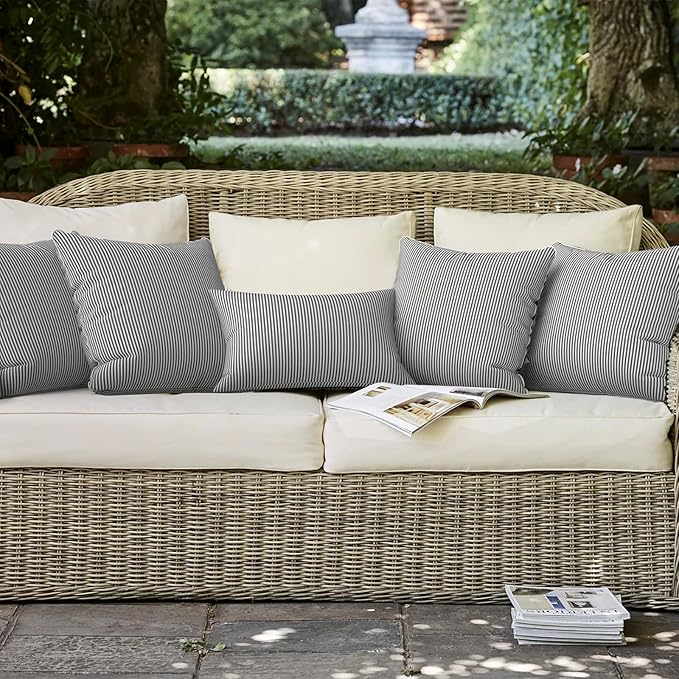 LVTXIII Outdoor Throw Pillows 20x20 Patio Waterproof Square Pillows with Piping Fade Resistant Accent Pillow for Spring Summer Garden Decoration, Set of 2, Strip Grey