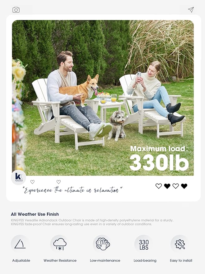 KINGYES Folding Adjustable Adirondack Chair with Ottoman & 2 Cup Holders Set of 2, HDEP Multifunctional Adirondack Chair with Footrest, White