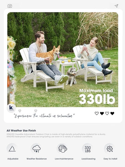 KINGYES Folding Adjustable Adirondack Chair with Ottoman & 2 Cup Holders Set of 2, HDEP Multifunctional Adirondack Chair with Footrest, White