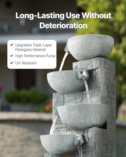 VEVOR Outdoor Water Fountain, 31.5 in Height Fountain and Waterfall, 5-Tier Floor Standing Bowl-Shaped Cascading Fountains with LED Light and Pump, for Outdoor Indoor Garden, Home, Patio & Backyard