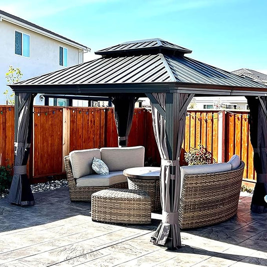 Domi 10' X 12' Hardtop Gazebo Outdoor Metal Gazebo with Galvanized Steel Double Roof Canopy, Aluminum Frame, Curtains and Netting for Patio, Deck, Garden, Grey