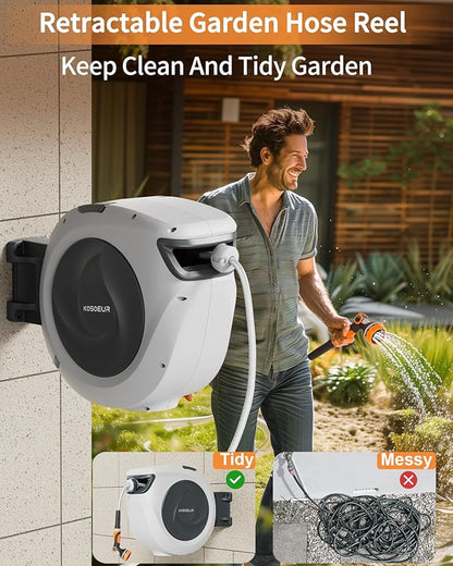 KOSOEUR Retractable Garden Hose Reel, 1/2 in x 65 ft Garden Hose Reel, Automatic Retractable Water Hose Wall Mount with 10 Pattern Nozzle, Slow Rewind System/Any Length Auto Lock 180° Swivel Bracket