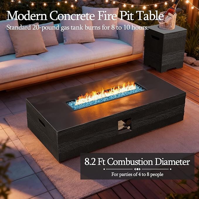 UPHA 56-inch Outdoor Propane Gas Fire Pit Table 50000 BTU Concrete Round FirePit for Outside Patio with Propane Tank Cover, Blue Glass Rocks, Rain Cover, Grey Texture