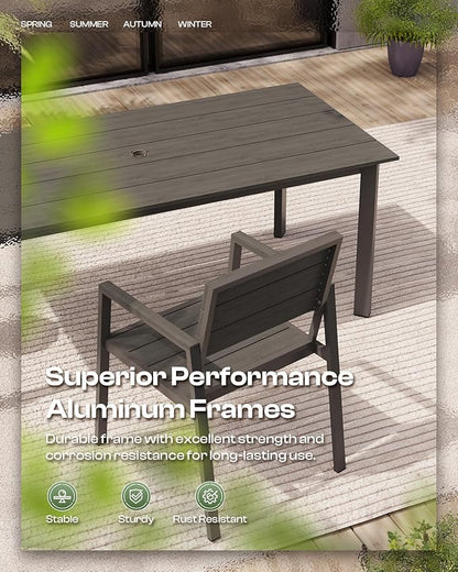 67" Rectangle HDPS Patio Dining Table, Aluminum Outdoor Patio Dining Table with Umbrella Hole, Weather-Resistant for Lawn, Garden, Yard, Poolside and Indoor Use, Charcoal