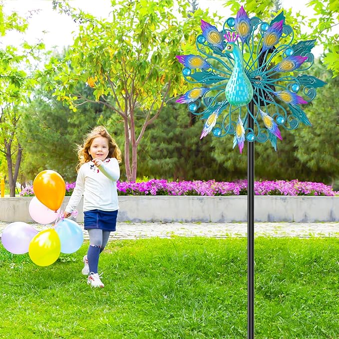 Metal Outdoor Wind Spinner, 2-Way Wind Sculpture Spinner with Metal Stake, Waterproof 360 Degrees Kinetic Windmill Art Decoration for Patio Garden Lawn (Peacock B)