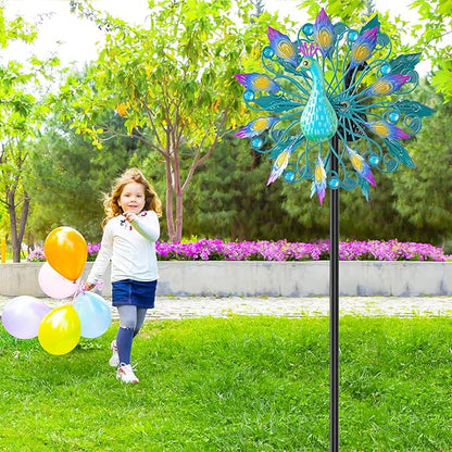 Metal Outdoor Wind Spinner, 2-Way Wind Sculpture Spinner with Metal Stake, Waterproof 360 Degrees Kinetic Windmill Art Decoration for Patio Garden Lawn (Peacock B)