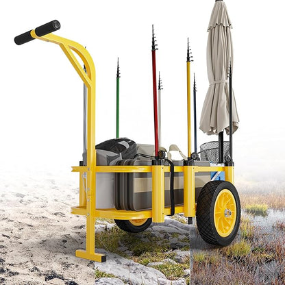 Bonnlo Beach Fishing Cart, Beach Wagon Trolley with 12" Big No-Flat Airless Tires, Foldable Beach Trailer with Large 36" x 16" Cargo Basket, 250 lbs Load Capacity, 7 Fishing Rods Holder