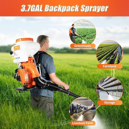 2-Stroke Backpack Fogger Agricultural 41.5CC Mister Duster Backpack 14L/3.7gal Gas Fogger Sprayer Blower 7500r/min