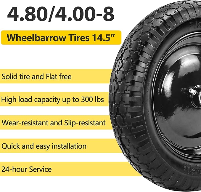 2PC 4.80/4.00-8 Flat Free Tire, 14.5 Wheelbarrow Tire and Wheel with 5/8" Bearings & Extra 3/4", 3-7" Centered Hub, 4.80/4.00-8 tire and wheel Fit for Gorilla Cart, Garden Cart/Hand Truck